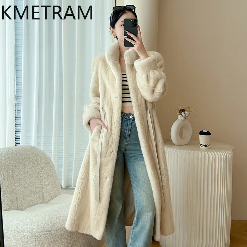 KMETRAM 100% Ganze Nerz Pelz Jacke Frau Stehkragen Lange Echt Nerz Pelzmantel mit Gürtel Winter Outer Frauen Kleidung Nguy