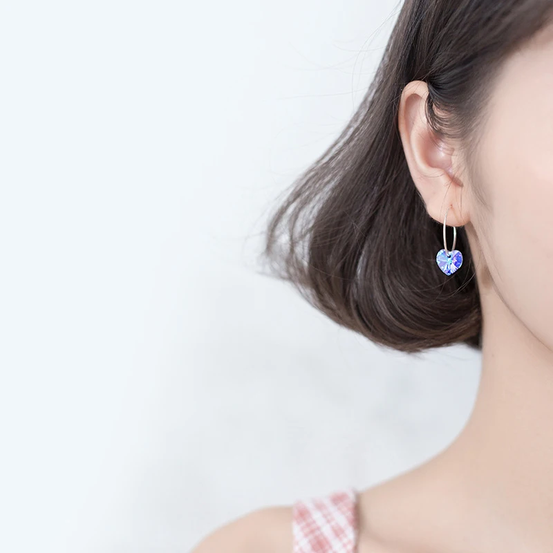 Modian Sparkling Blue Crystal Swing Hoop Earrings For Women Classic Heart 925 Sterling Silver Luxury Jewelry Female Accessories
