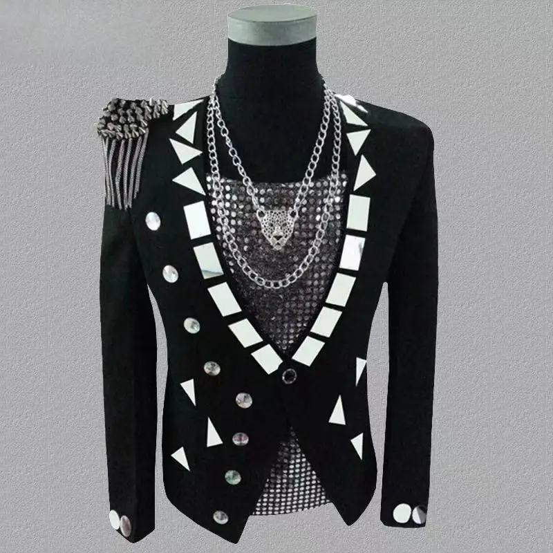 Blue White Black Shiny Lenses Rivets Tassel Suit Coats Personalized Nightclub Bar DJ Male Singer Dance Stage Performance Costume