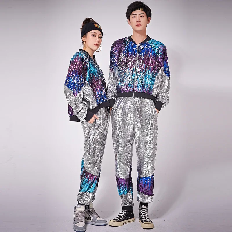 Modern Dance Performance Gradient Sequins Stage Costumes Nightclub Costume Hip Hop Clothing Set Women Man Loose Jazz