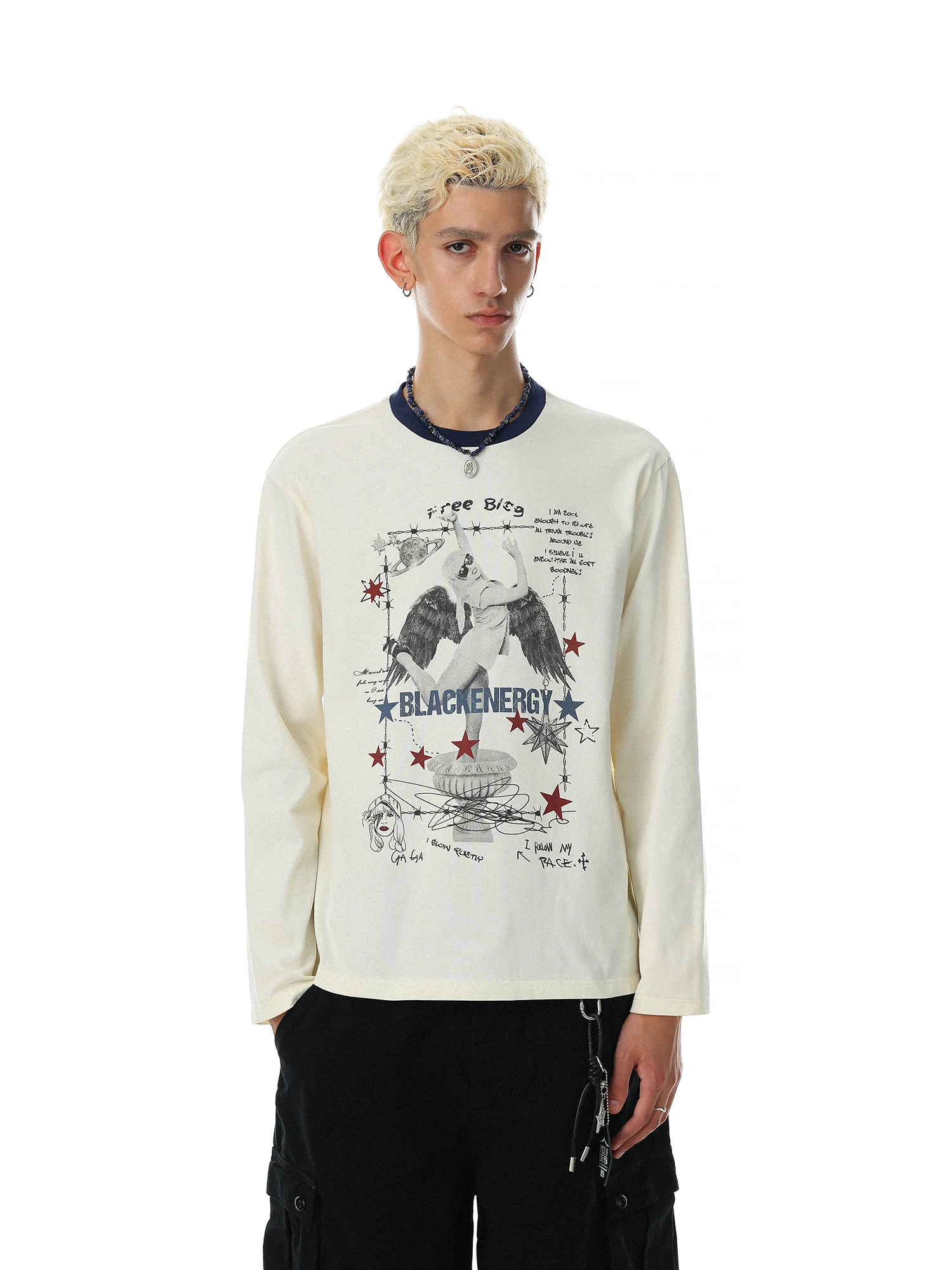 Loose Long Sleeve T-Shirt Unisex Angel Print Cotton Casual Top Vintage Color Block Men's Women's Fashionable Angel Tee