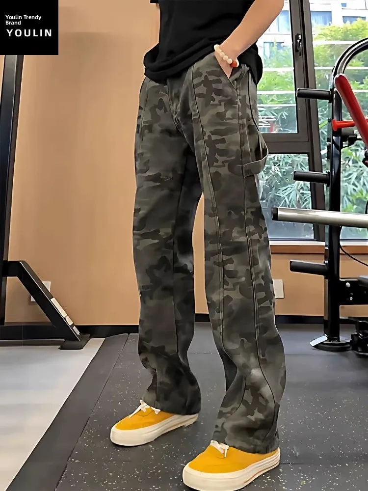 

American Style Retro Camouflage Jeans Men's Spring Cleanfit Oblique Cut Logging Work Pants Straight Leg Micro Flared Pants