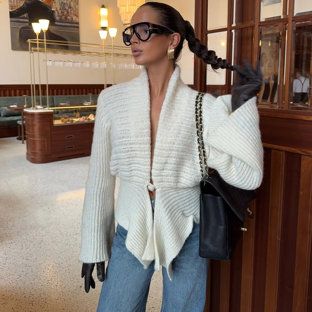 

Ticketsx Women Vintage Solid Lapel Slim Fit V-neck Sweater Elegant Knitted Single Button Sweater Female High Street Knitwear