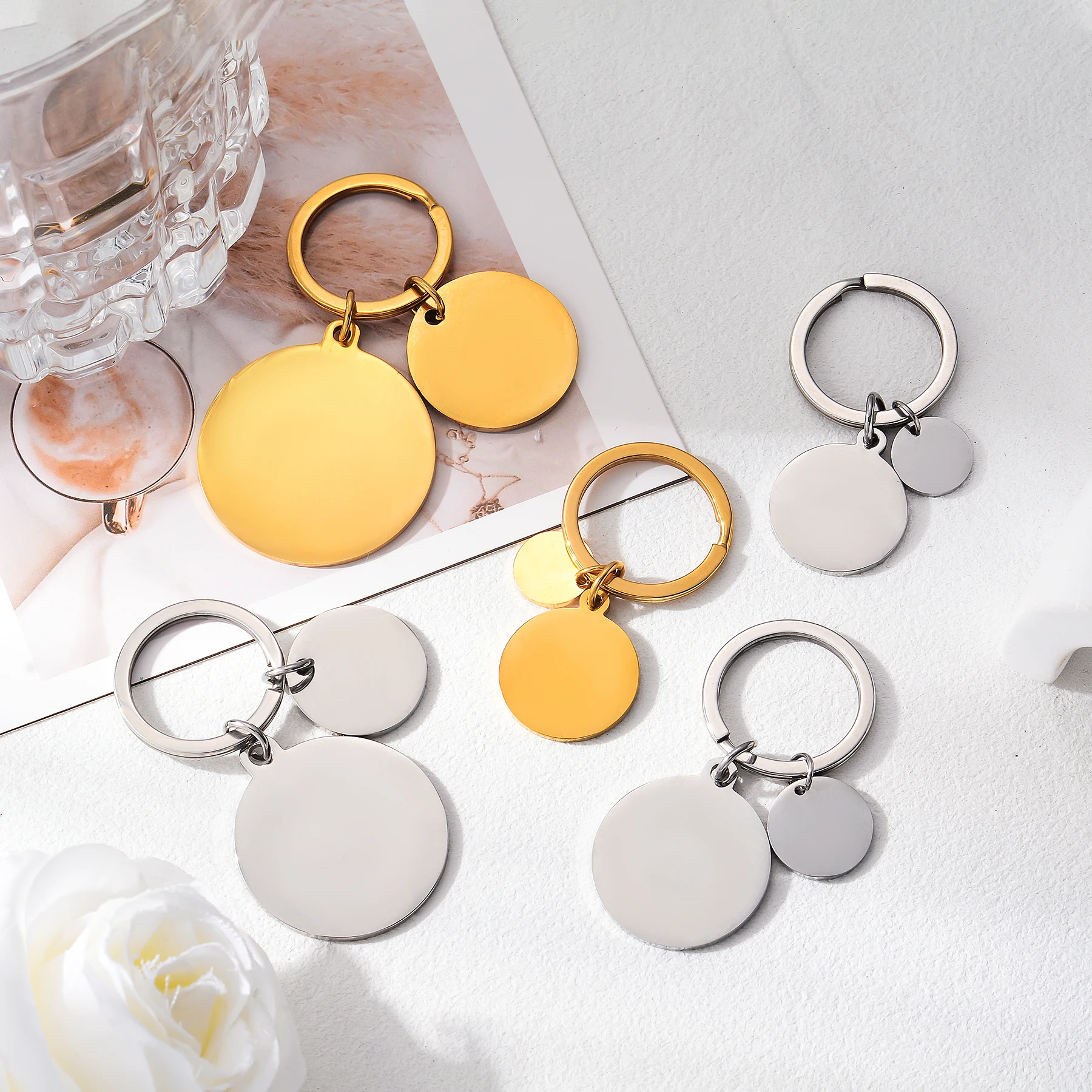 1Piece Polishing Round Keychain Engraved Text Name Logo Customized Stainless Steel Key Chain DIY Jewelry Gift for Women