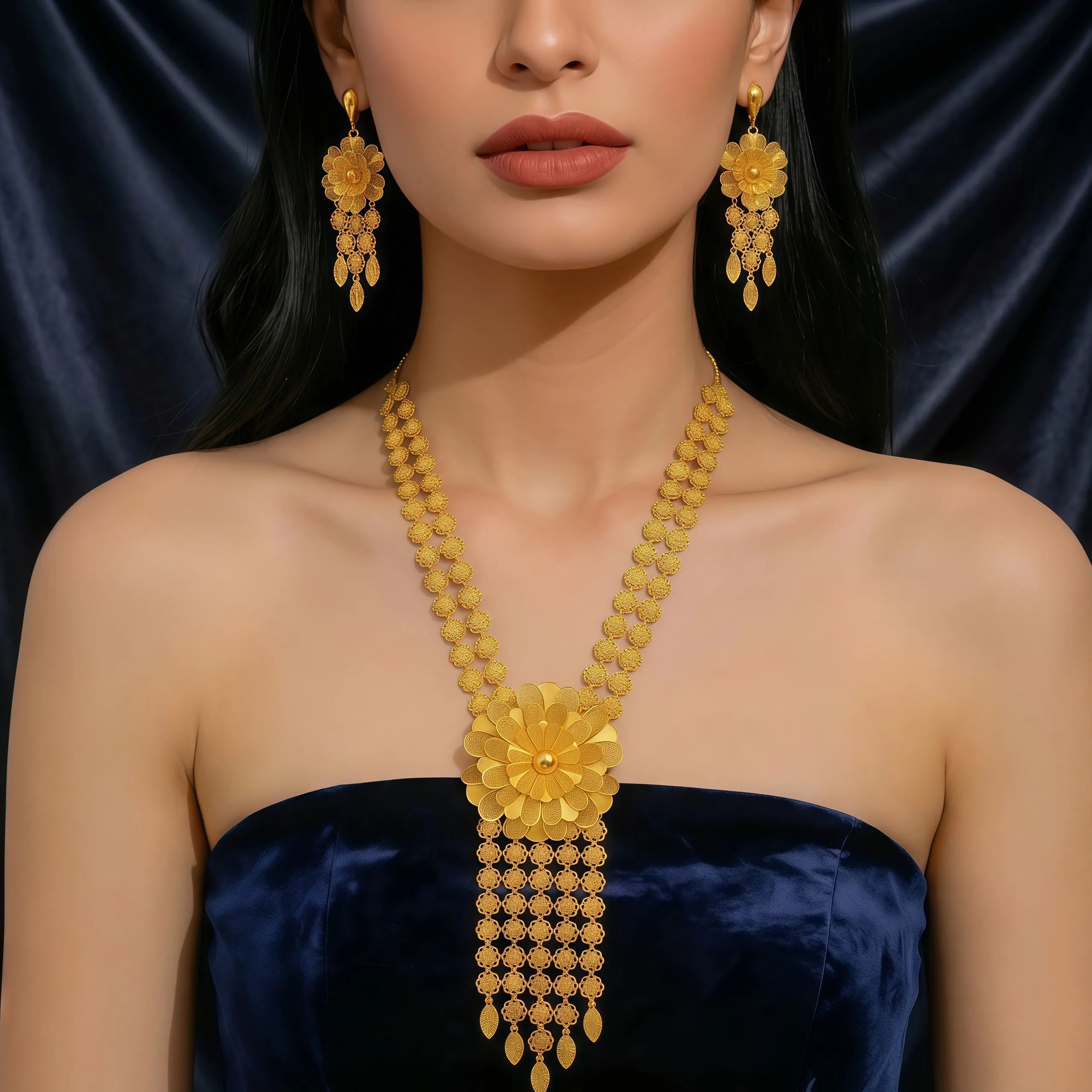 Luxuriöse indische lange Blumen-Halsketten- und Ohrring-Sets für Bräute, äthiopischer Dubai 24k Goldfarben-Schmuck, Ohrringe, Bankettgeschenke – Detail 1