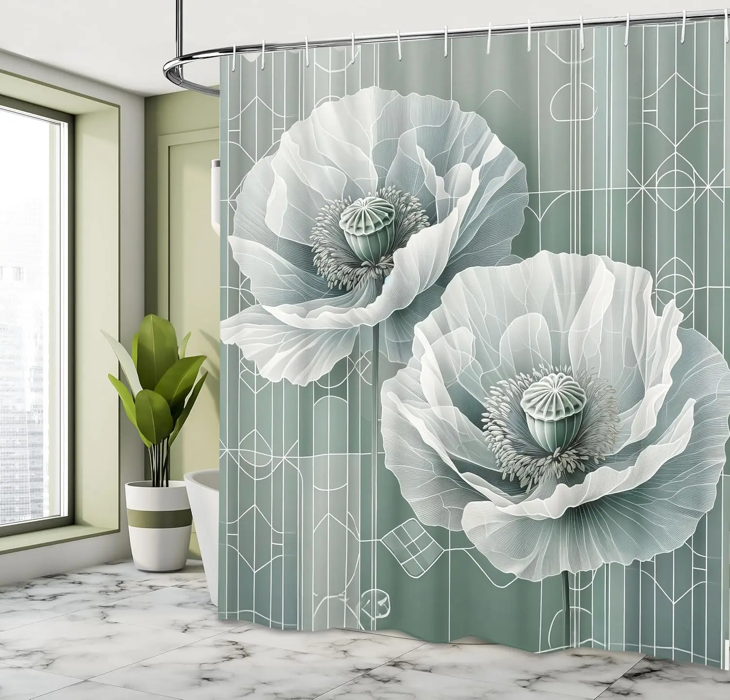 

Зеленая занавеска для душа, футуристический дизайн цветов мака с мечтательными лепестками и линиями Scandi, тканевая ткань для ванной комнаты