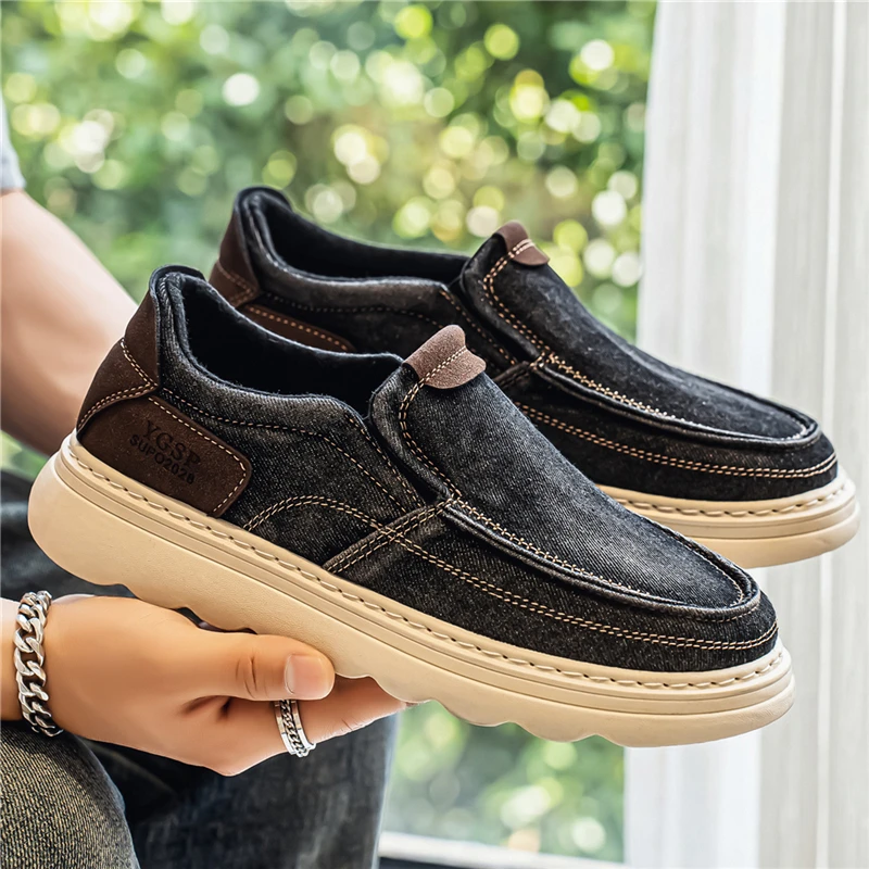 

Quality Denim Cloth Men Casual Shoes Fashion Walking Sneakers Slip on Flats Breathable Lightweight Lazy Driving Shoes Work Shoes