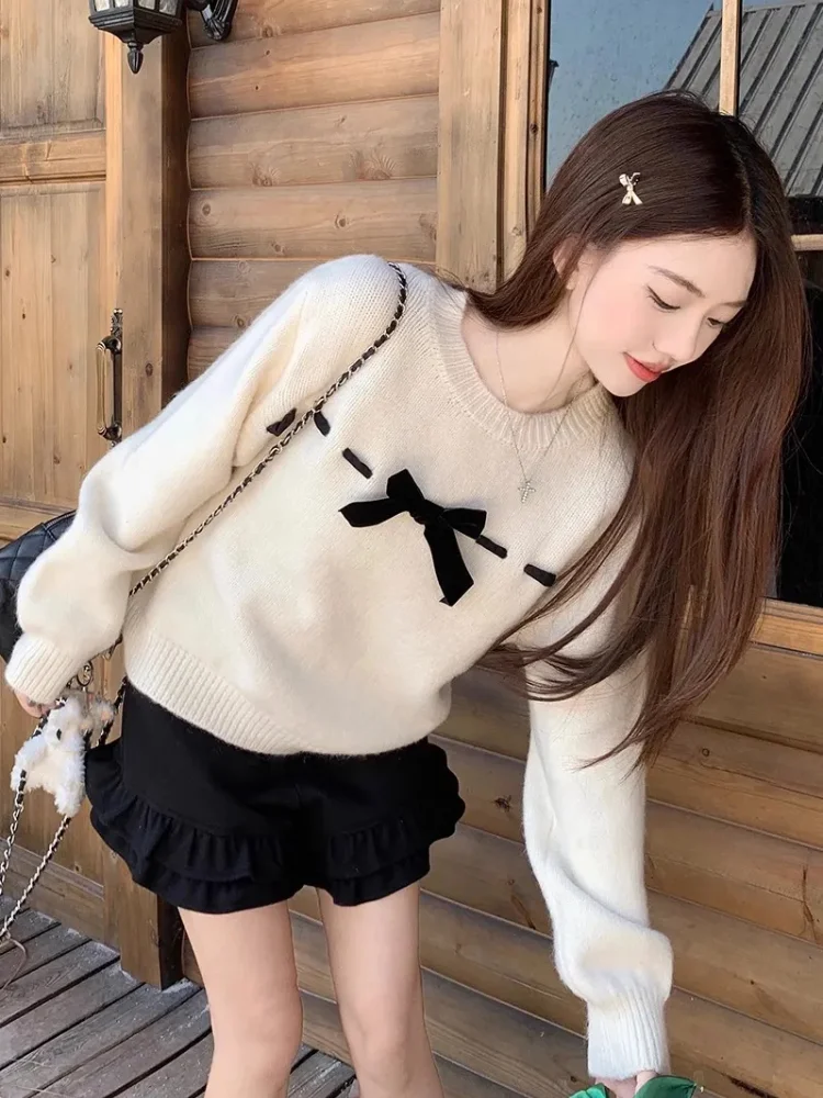 Sweet Velvet Bow Y2k Sweater Women Autumn Winter O Neck Loose Long Sleeve Pullover Korean Simple Versatile Tops Jumper