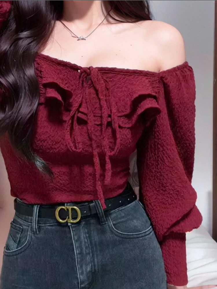 

Red ort oulder Long Sve irt Women's Early Spring High-End Feeling Outerwear Slimming ort Top Korean Sle
