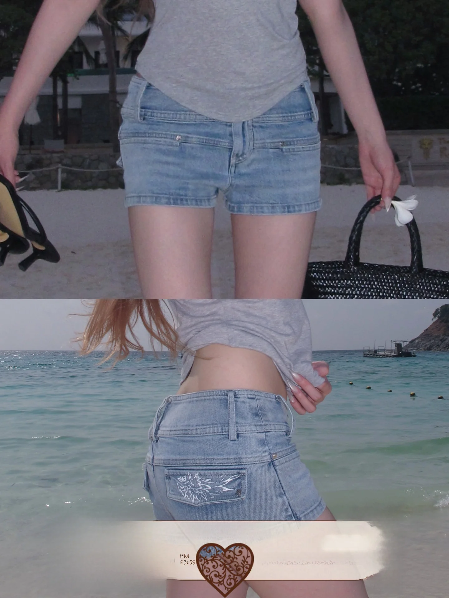 Low Waist Denim Shorts Rase Le Sol Heatwave Wing Print Cotton Blend Summer Fashion Ladies Tight Fit Squeezing Shorts