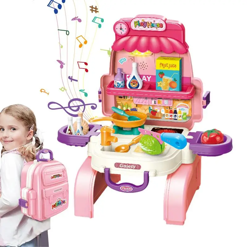 Kids Play Kitchen Portable Kids Pretend Store Kitchen Toys Educational Store Playset Multifunctional Interactive Play Food