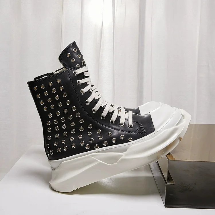 Vintage Men Shoes High-TOP Platform Boots Heightening Real Leather Rivets Sneaker Luxury Trainers Casual Zip Black Shoes view 3