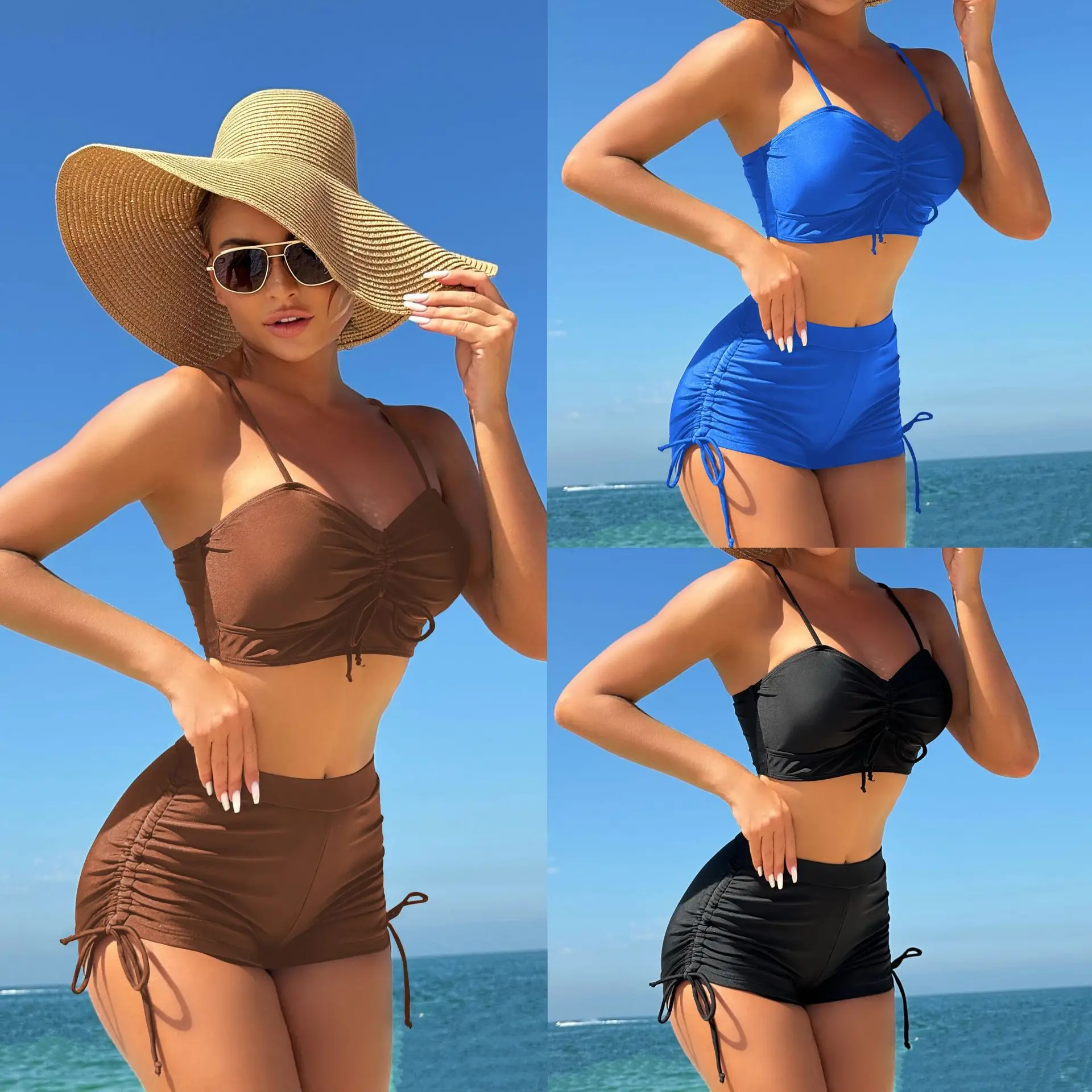 ملابس سباحة نسائية ذات لون سادة، ملابس سباحة محافظة، سروال صدر، بيكيني برباط جانبي #1