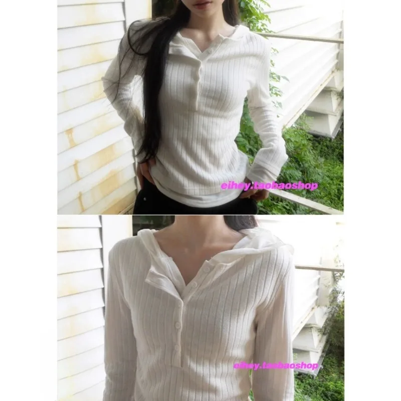 

Повседневная женская футболка с длинными рукавами из двух предметов, осень 2022, новые корейские модные универсальные топы с капюшоном на пуговицах