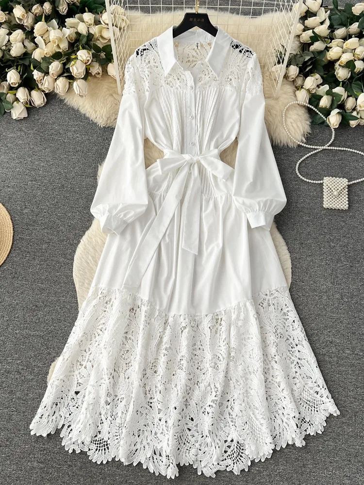 Fashion Vintage White Party Dress Women Hollow Out Dress Female Lace Patchwork Long Dress Elegant Palace Attire Vestidos Rober