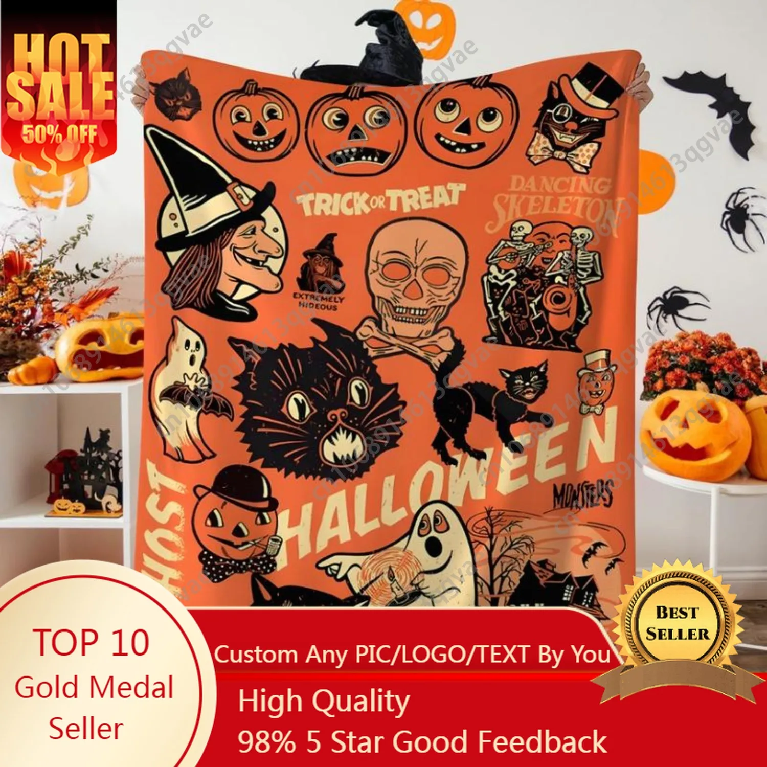 

1pc retro style Halloween blanket scary witch ghost black cat pumpkin head printed flannel blanket Happy Halloween