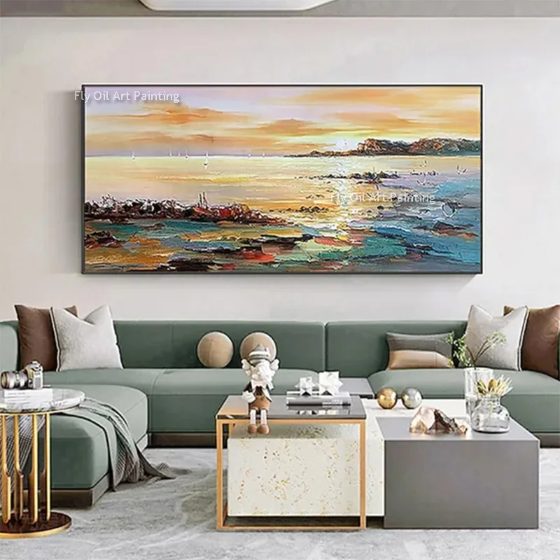 

Специальная современная картина, нарисованная вручную, с видом на закат над сине-желтым морем, масляная живопись на холсте, большая красивая картина с морским пейзажем для декора.