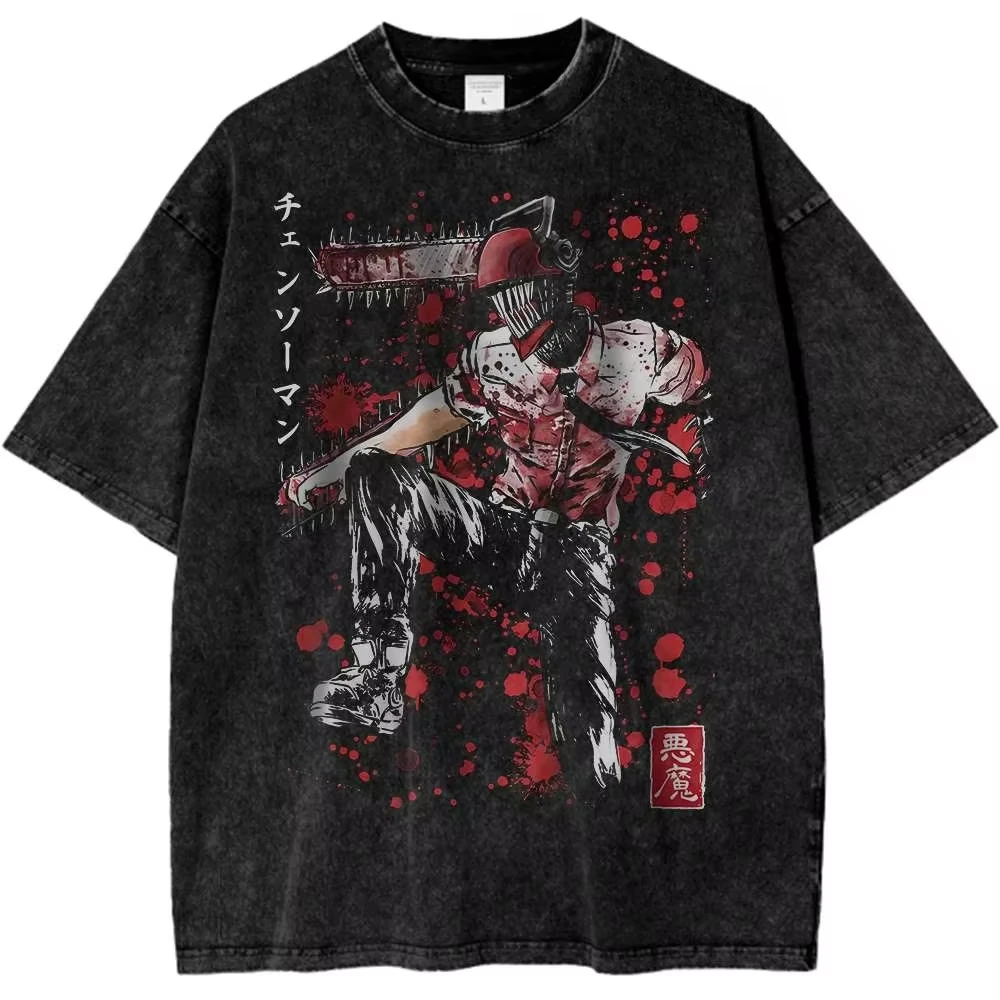 

Chainsaw Man Anime Vintage Washed Cotton 2D T-Shirt Men's Women's Harajuku Short Sleeve Tee Streetwear Unisex Fashion