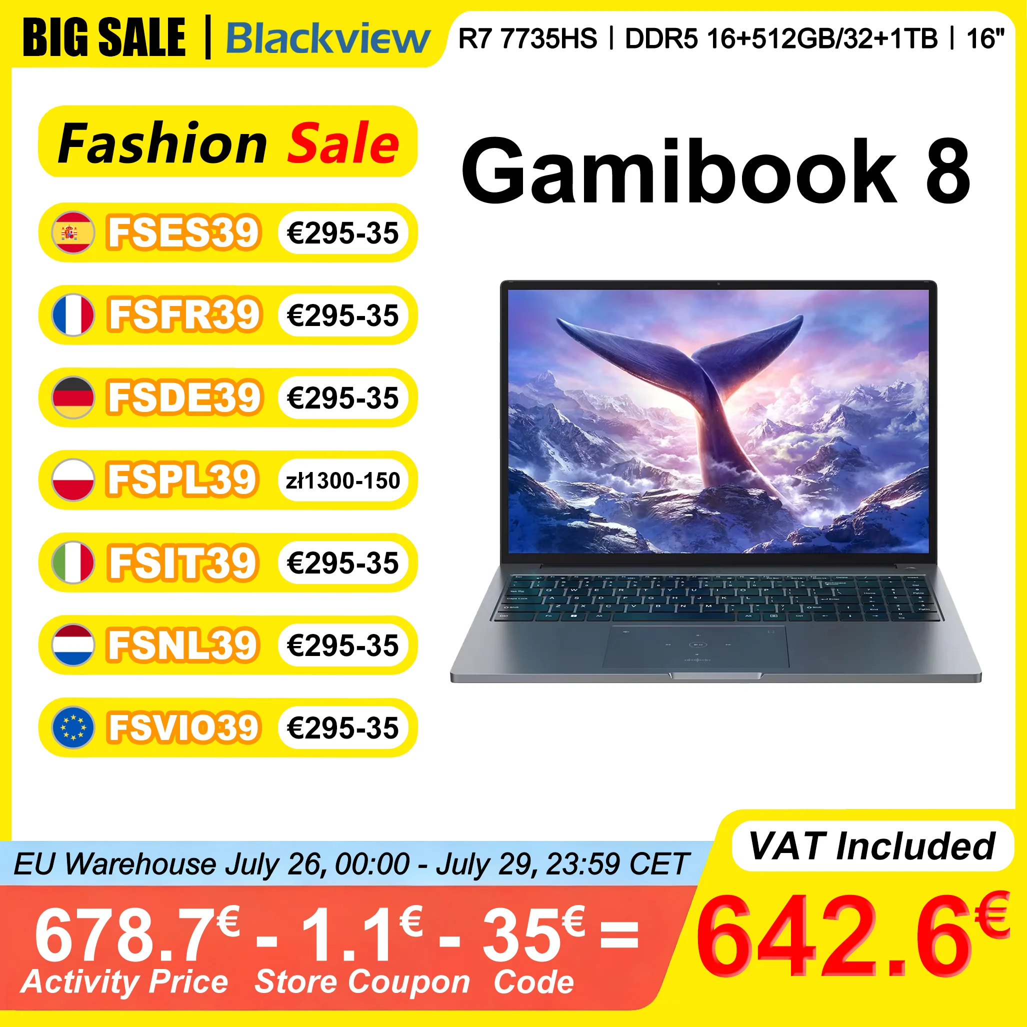 Blackview ‎ Portátil GamiBook 8 de 16 Pulgadas, AMD R7 7735HS, DDR5 16GB/32GB RAM, 512GB/1TB ROM, Windows 11 Pro, BT5.2, Wifi6