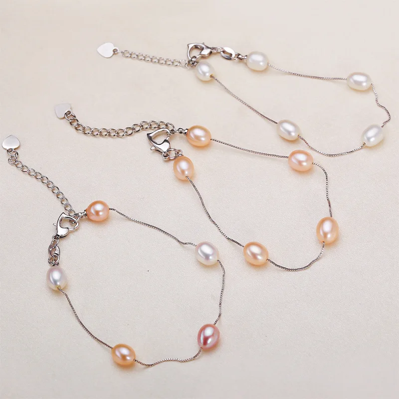 7-8mm Rice Shape Freshwater Pearl Bracelet for Women 16cm 4cm Extend Chain Adjustable White Pink Mix Bracelet Jewelry Gift