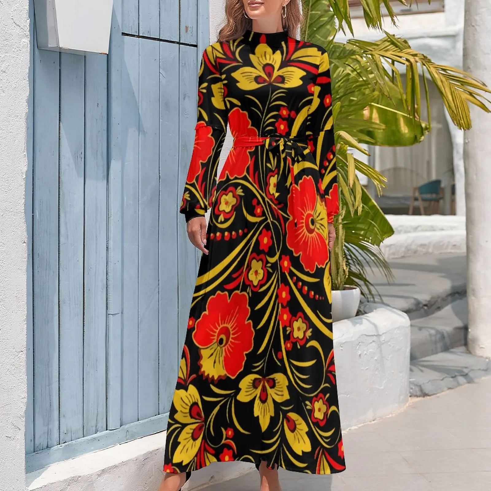 Russian Red Flower Dress High Waist Retro Floral Print Bohemia Dresses Long Sleeve Stylish Long Maxi Dress Trendy Vestidos