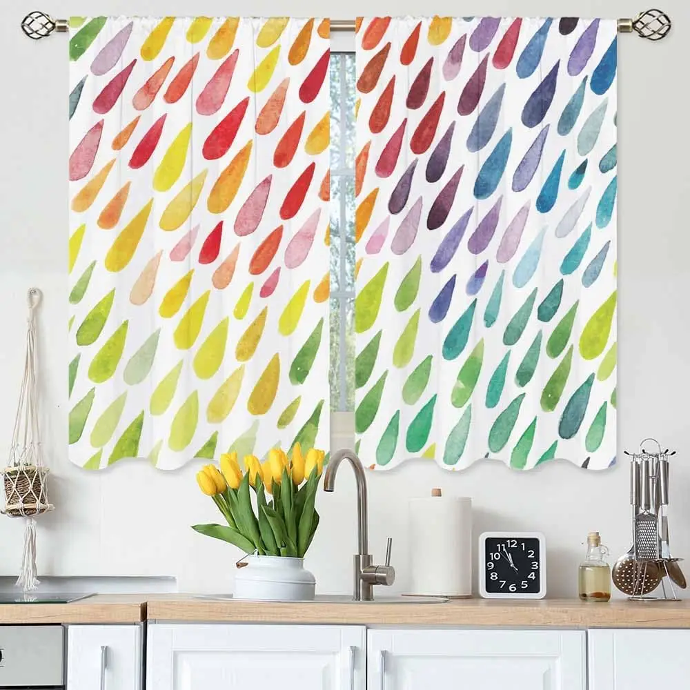 Rainbow Raindrops Kitchen Curtains Colorful Abstract Droplet Blob Brush Strokes Short Tier Curtains for Bathroom Cafe Small
