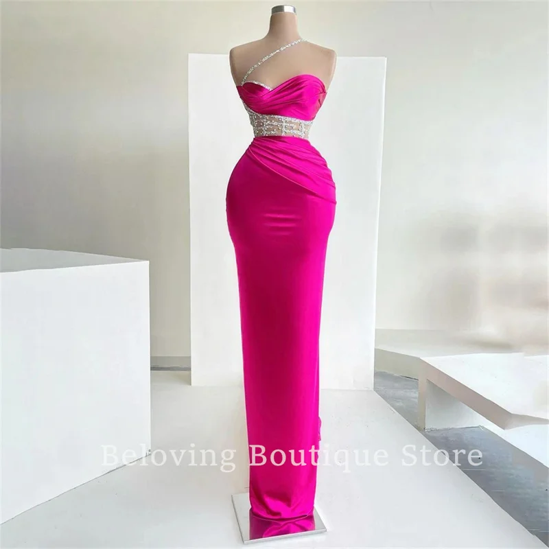 

Dubai Deep Pink Evening Dresses Mermaid Beadings One Shoulder Pleats Satin Formal Prom Dress Skinny Arabai Celebrity Party Gowns