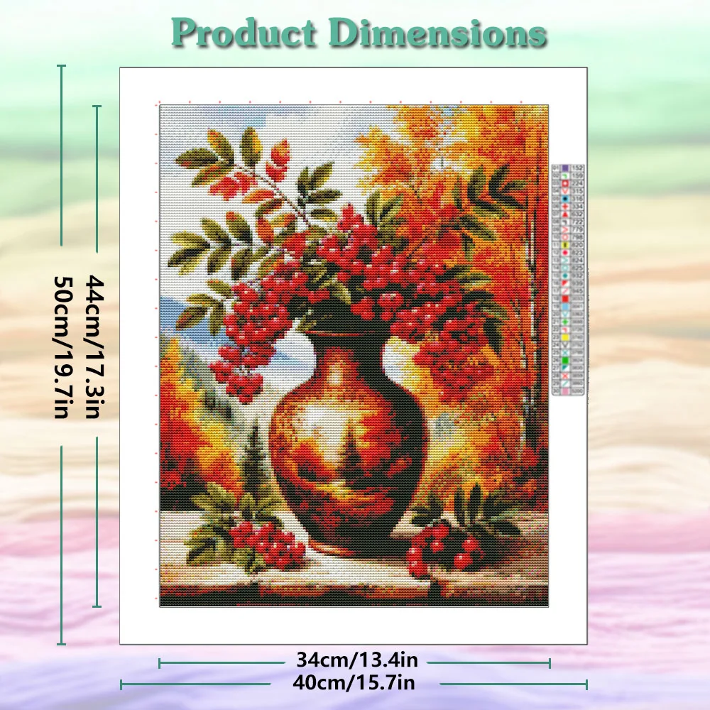 Flower Cross Stitch New DIY 11CT Cotton Thread Printed Red Rowan Berry Branches Vase Embroidery Kits Home Decoration view 2