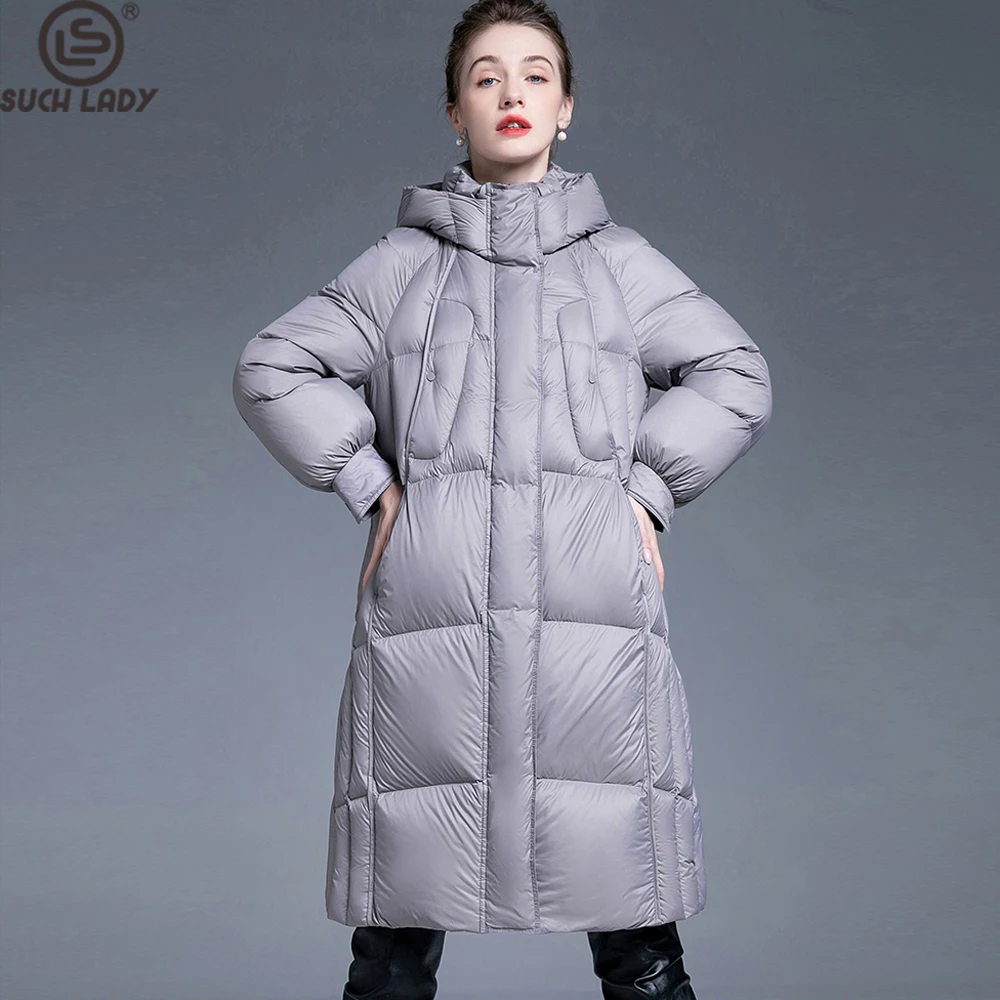 

Женское удлиненное пуховое пальто с капюшоном, светло-серая пуховая куртка с застежкой-молнией и эластичными манжетами, зимняя теплая парка