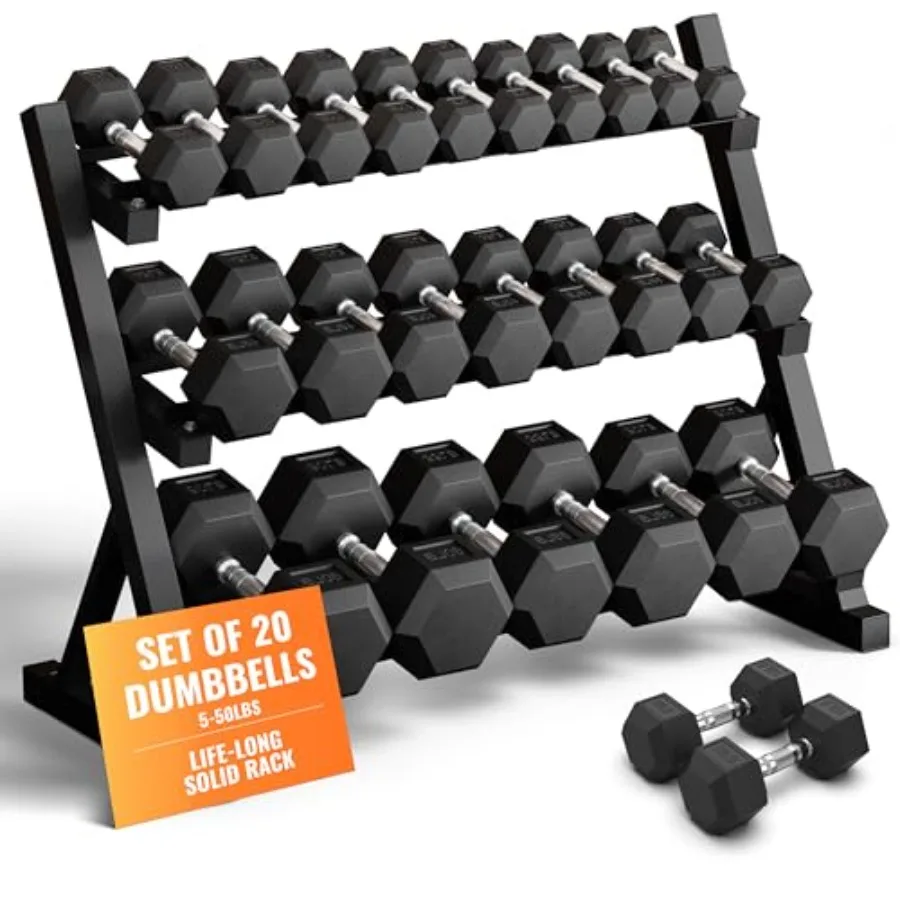 

Rubber Hex Dumbbell Set with Rack 8/10/12/15/20 Pair 450/550/780/1200/1550/2100 lbs Total Weight for Home Gym Strength Training