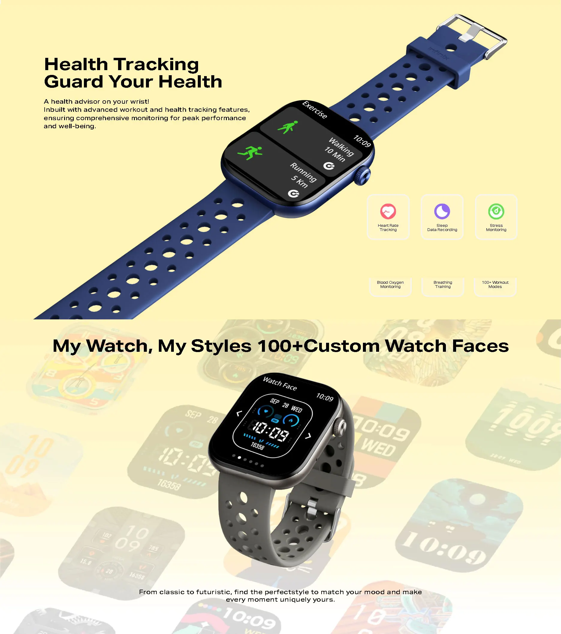 ساعة ذكية Infinix XWatch H4 XW4L إصدار الاتحاد الأوروبي باللون الأسود ومتتبع نشاط اللياقة البدنية ومراقبة معدل ضربات القلب مقاومة للماء
