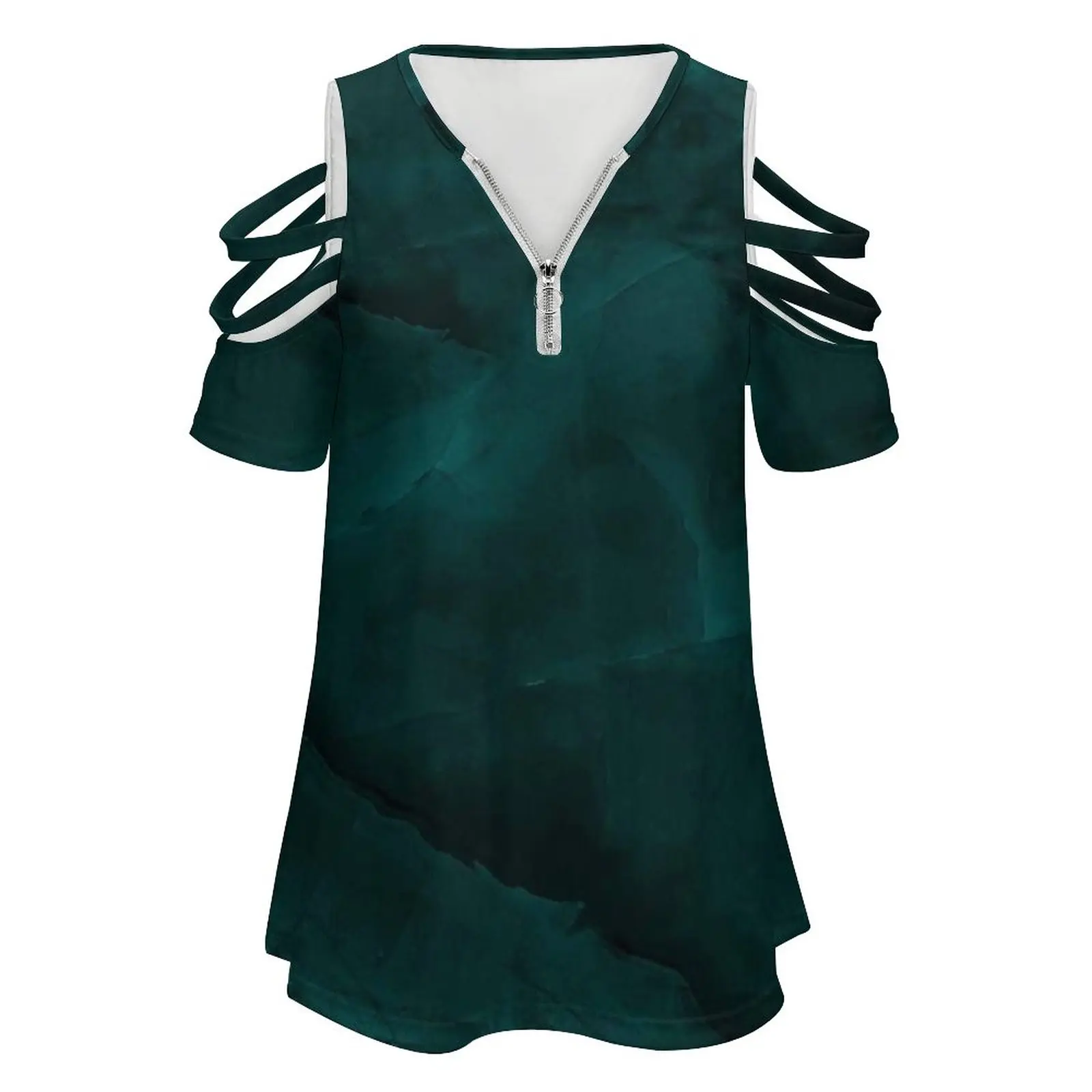 Dark Turquoise Marble Women'S T-Shirt New Fashion Printed Zipper V-Neck Short Sleeve T Shirts Casual Plus Size Dark Turquoise