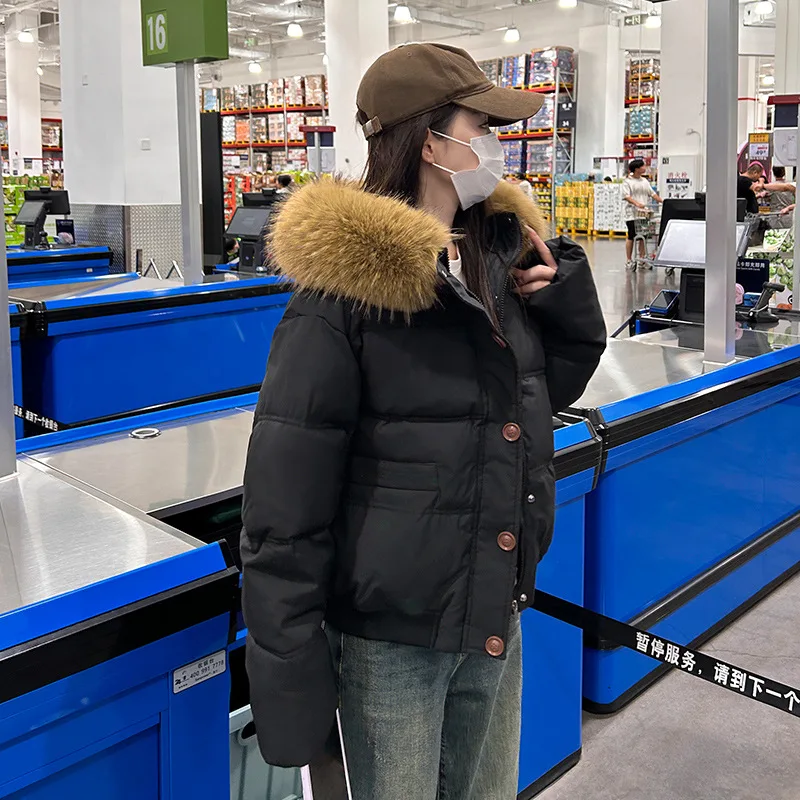 

Короткое пуховое пальто Explosions, женские парки, зимняя новая теплая хлопковая стеганая куртка, верхняя одежда с большим меховым воротником, женская модная верхняя одежда