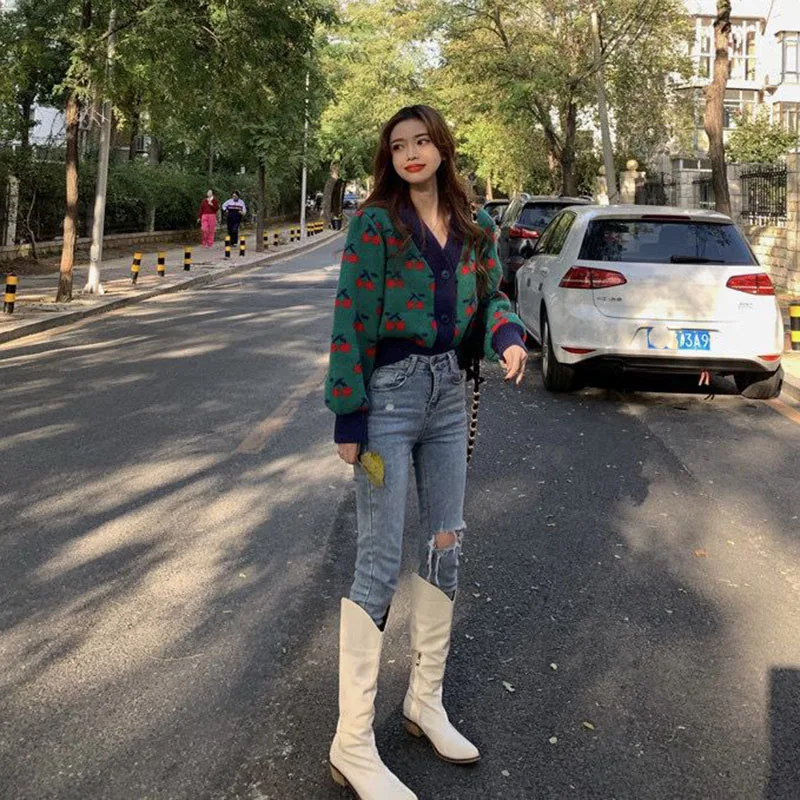 Lucyever Autumn Winter Print Sweaters Women Harajuku Long Sleeve V-Neck Knitted Cardigan Casual All-Match Warm Student Knitwear