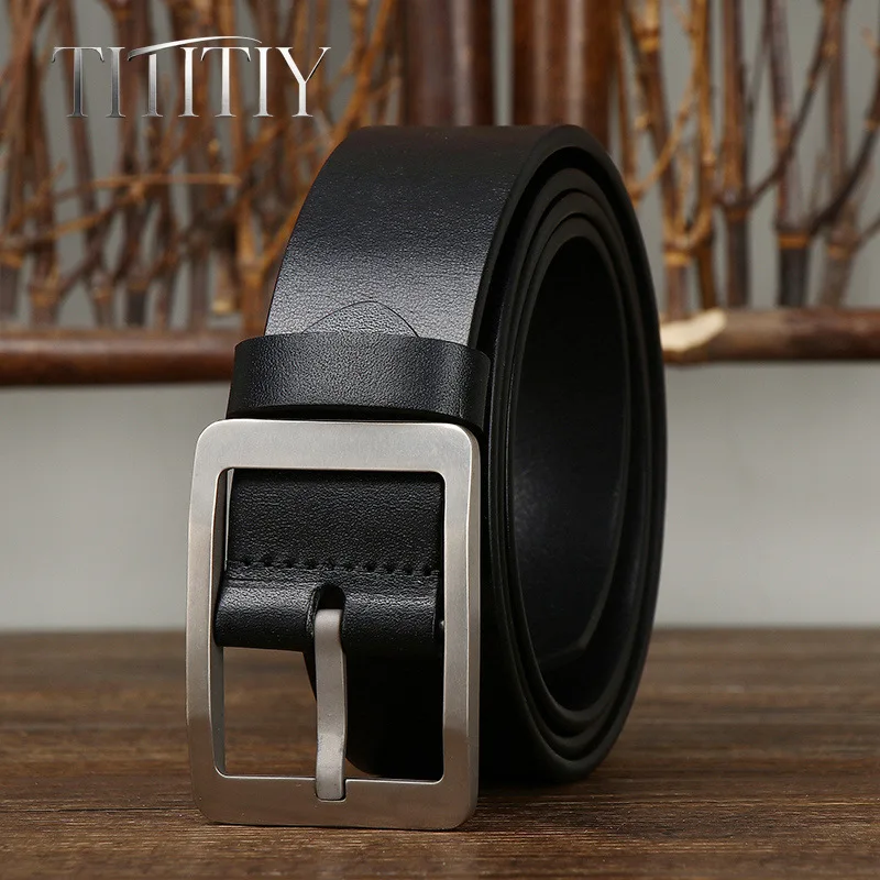High Quality Men Genuine Leather Belt Pure Titanium Buckle, 38mm Vintage Fashion All-match Formal Suit Jeans Waistband For Men