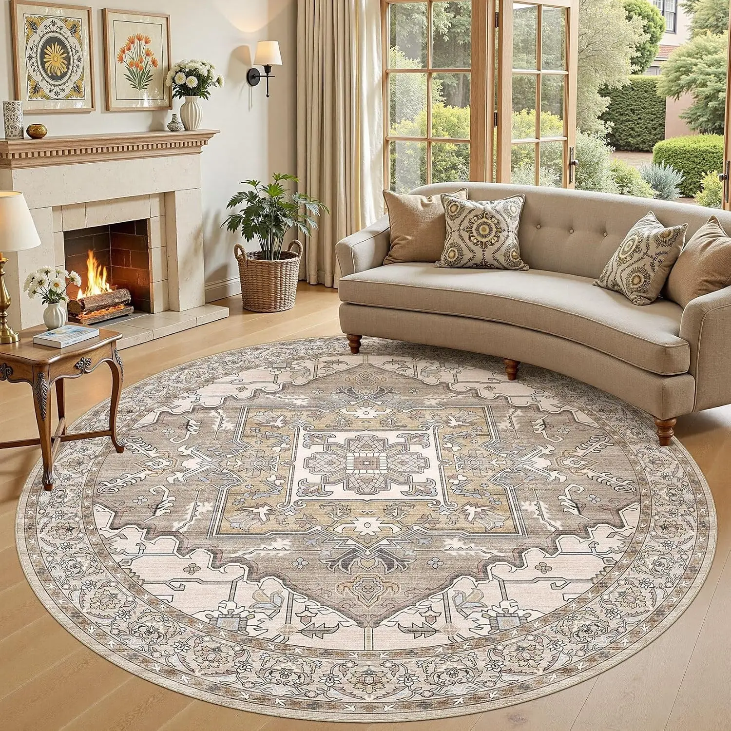 Round Polyester Area Rug Living Room Decor Vintage Ornate Medallion Pattern Mediterranean Style Home Floor Carpet Mat