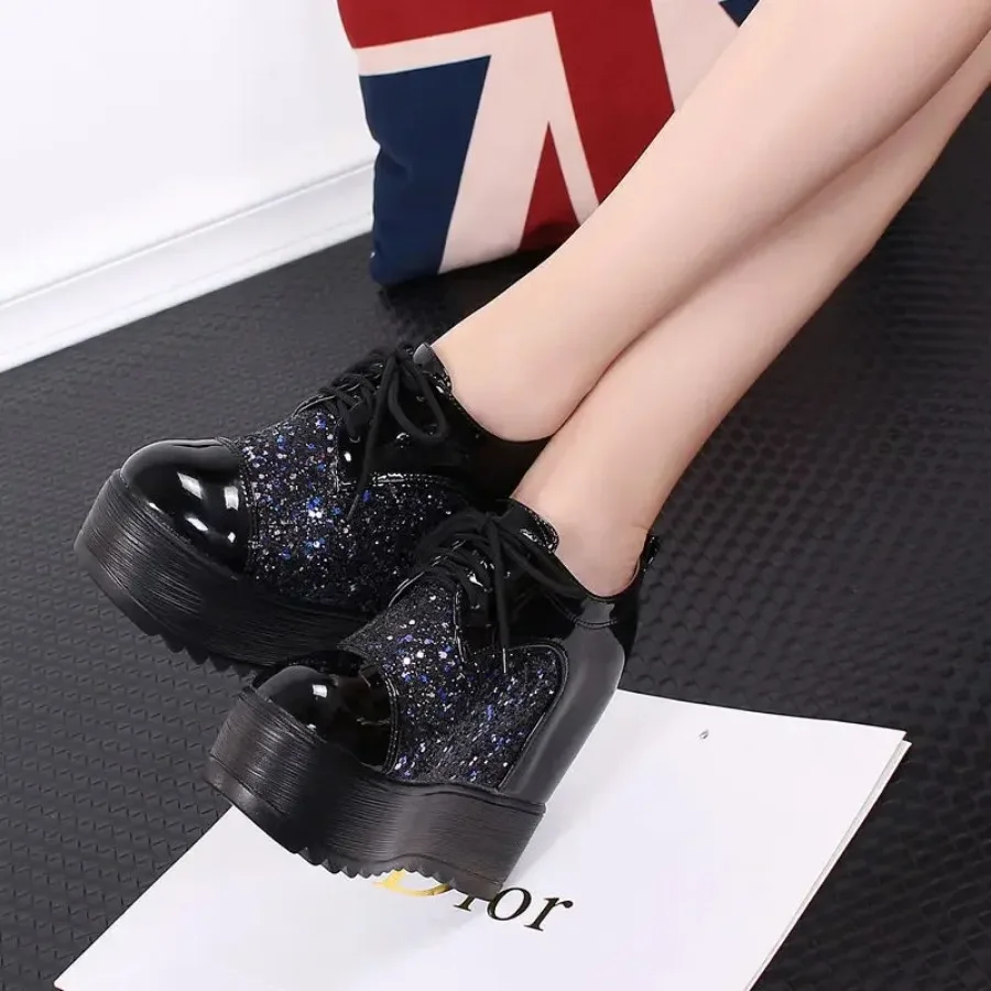 Krasovki 15cm 12.5cm New Patent Microfiber Platform Wedge Sneaker Women Autumn Designer Shoes Super High Heel Women Ankle Boots