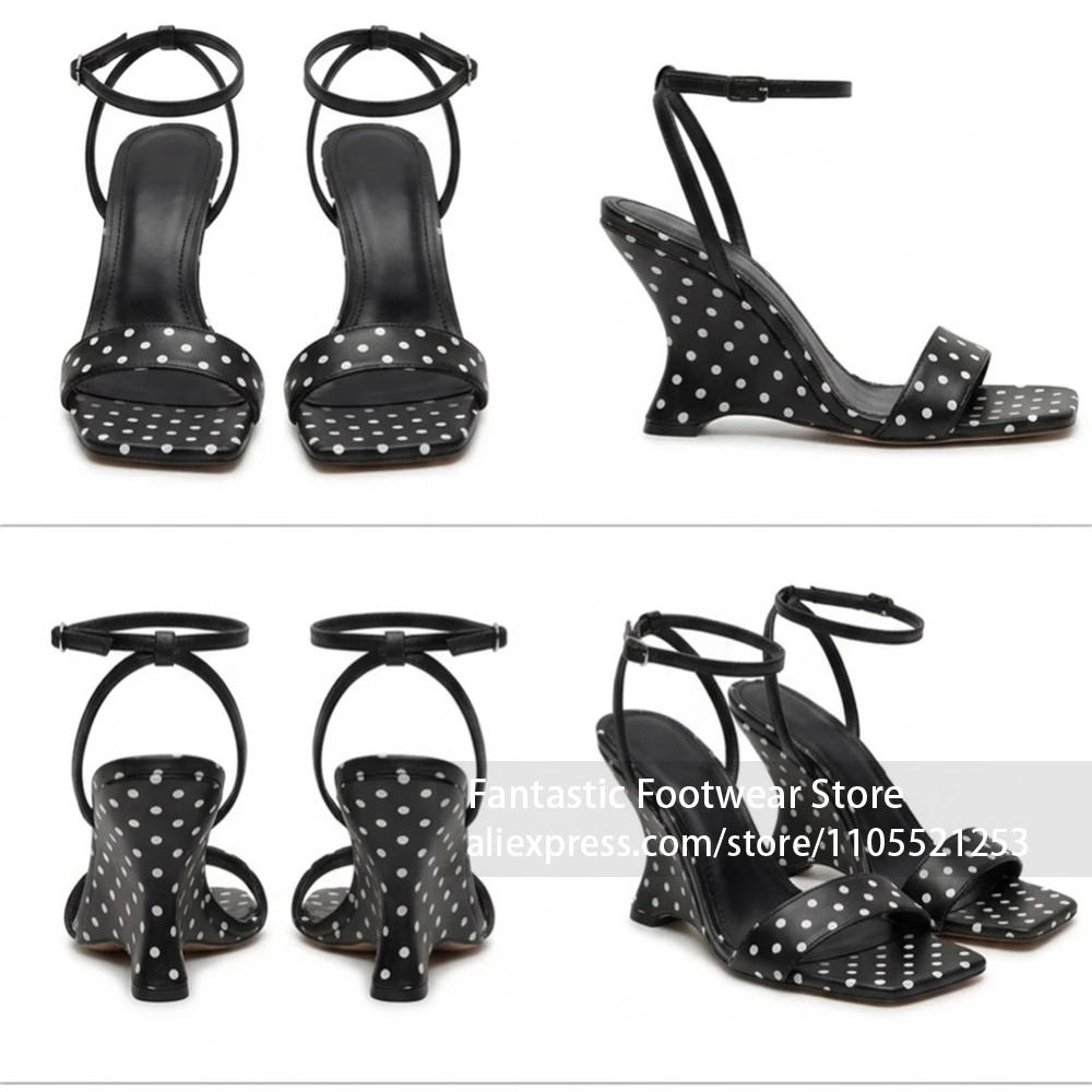 Polka Dot Novelty Wedge Sandals Square Open Toe Ankle Strap Summer Shoes Unique Sculpted Heel Fashion Sexy Style Women's Sandals