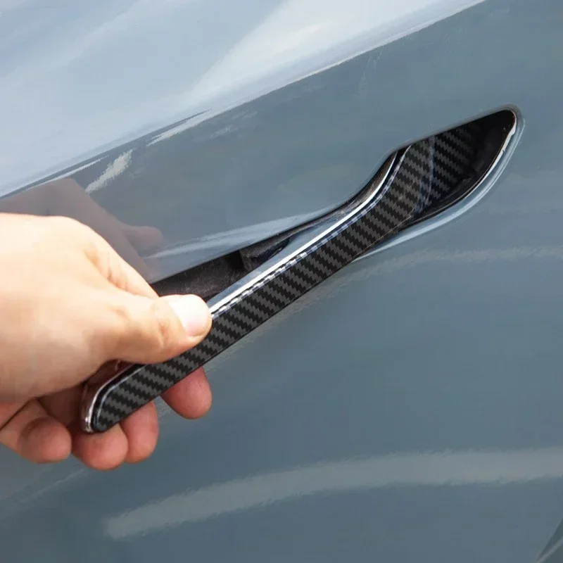 4 Stück schwarze Kohlefaser-Türgriffabdeckungen für Tesla Model 3 Model Y ABS-Aufkleberfolie kratzfestes Schutzzubehör – Detail 3