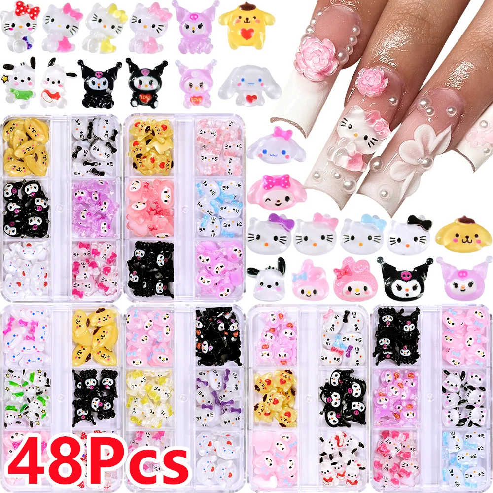 

48Pcs 6Grids Mixed Kuromi/Hellokitty/Melody Nail Art Charms Kawaii Flatback Resin KT Nail Decor DIY Cartoon Character Nail Jewel
