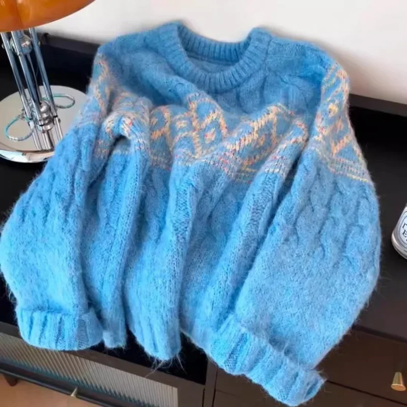 

Blue Loose Twist Fair Island Knitted Sweater 2025 Autumn and Winter New Version Lazy Wind Sweater
