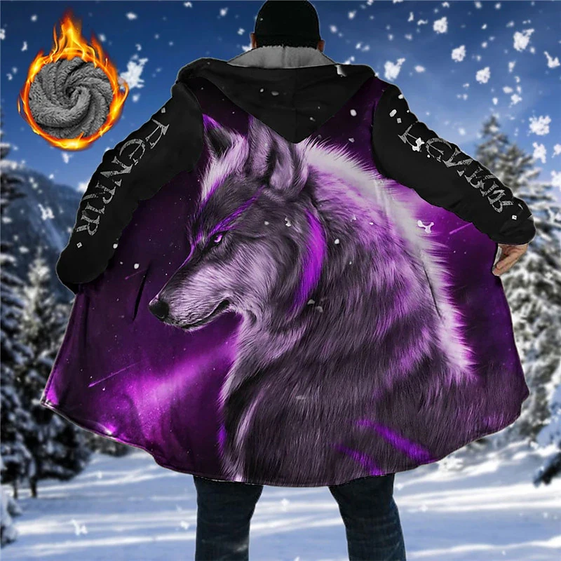 Men\'s Winter Long Jackets Padding Fleeced Coats Windbreaker Wolf Fenrir Print Warm Male Parkas Zip-up Hoodies Daily Outerwear