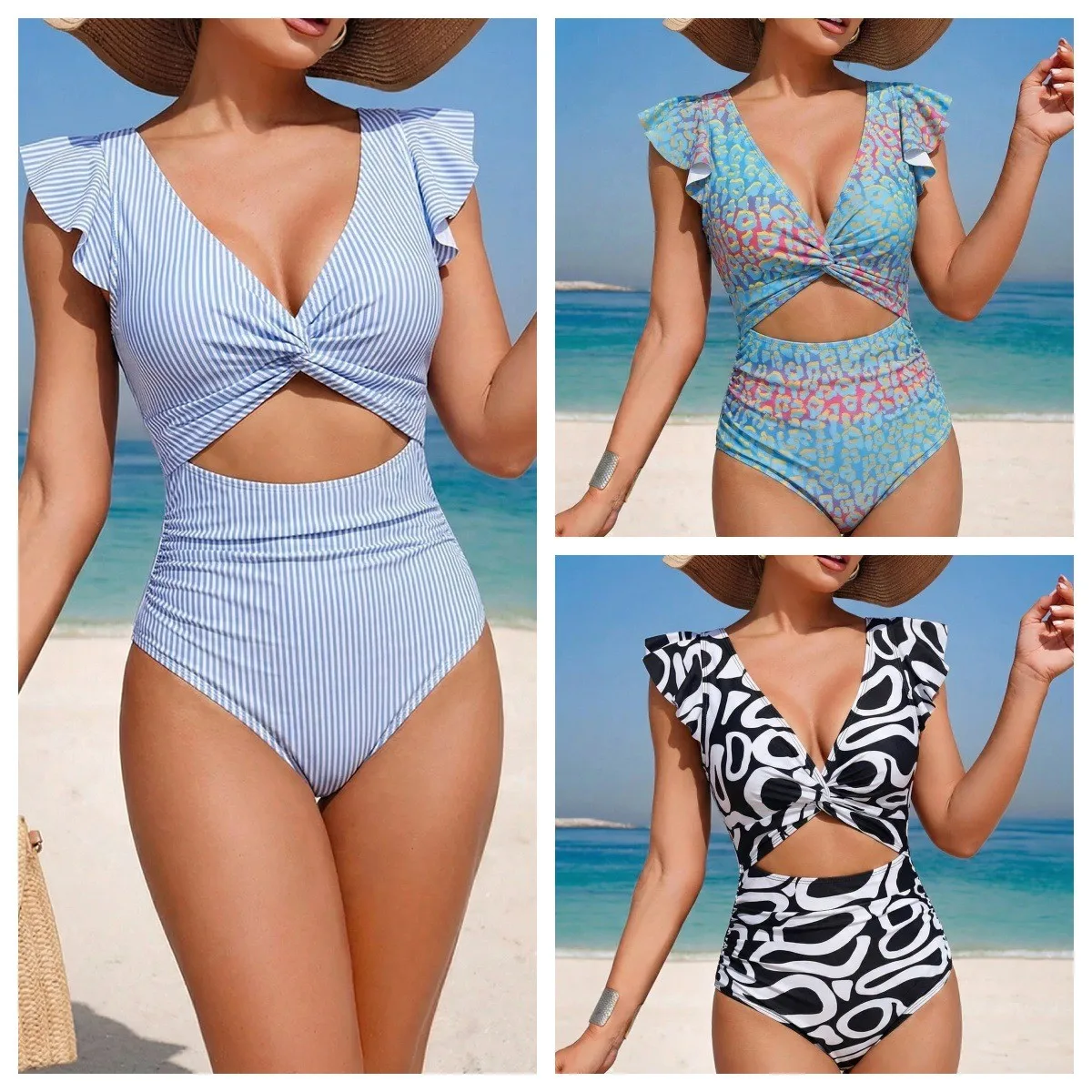 

Swimsuit Woman Tankini High Waist Sleeveless Tankini Top Twist Front Cut Out Tankini Set Floral Print V Neck Swim Tankini