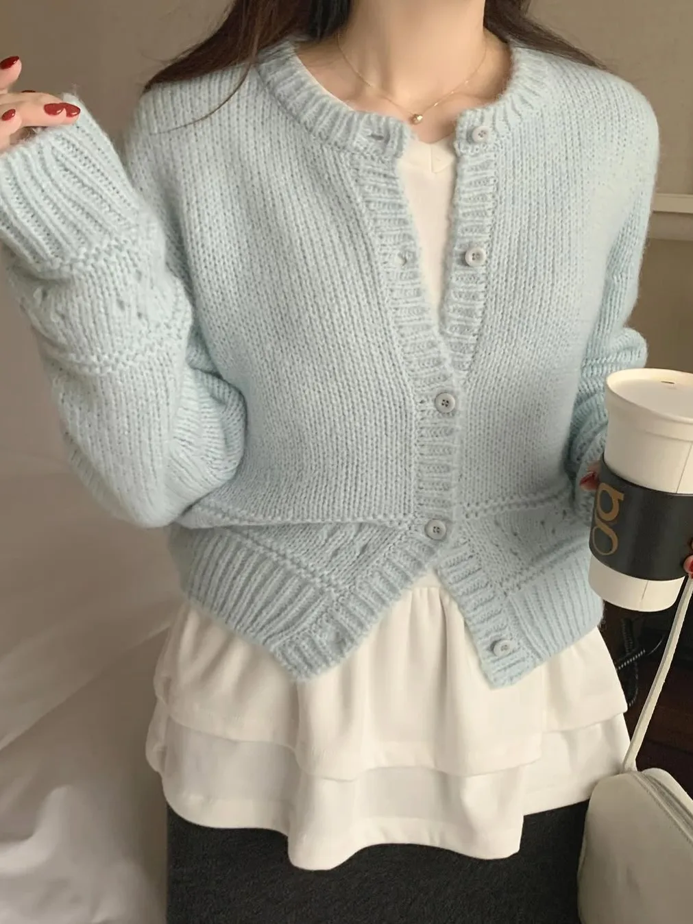

Милый вязаный кардиган с длинными рукавами для женщин, корейский стиль, на одной пуговице, осенняя модная вещь, удобный, регулируемый.