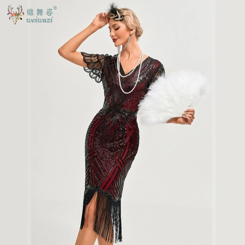 1920년대 우아한 V넥 비즈 프린지 드레스 여성 빈티지 파티 시퀸 바디콘 세미 시어 레이스 슬리브 칵테일 이브닝 드레스