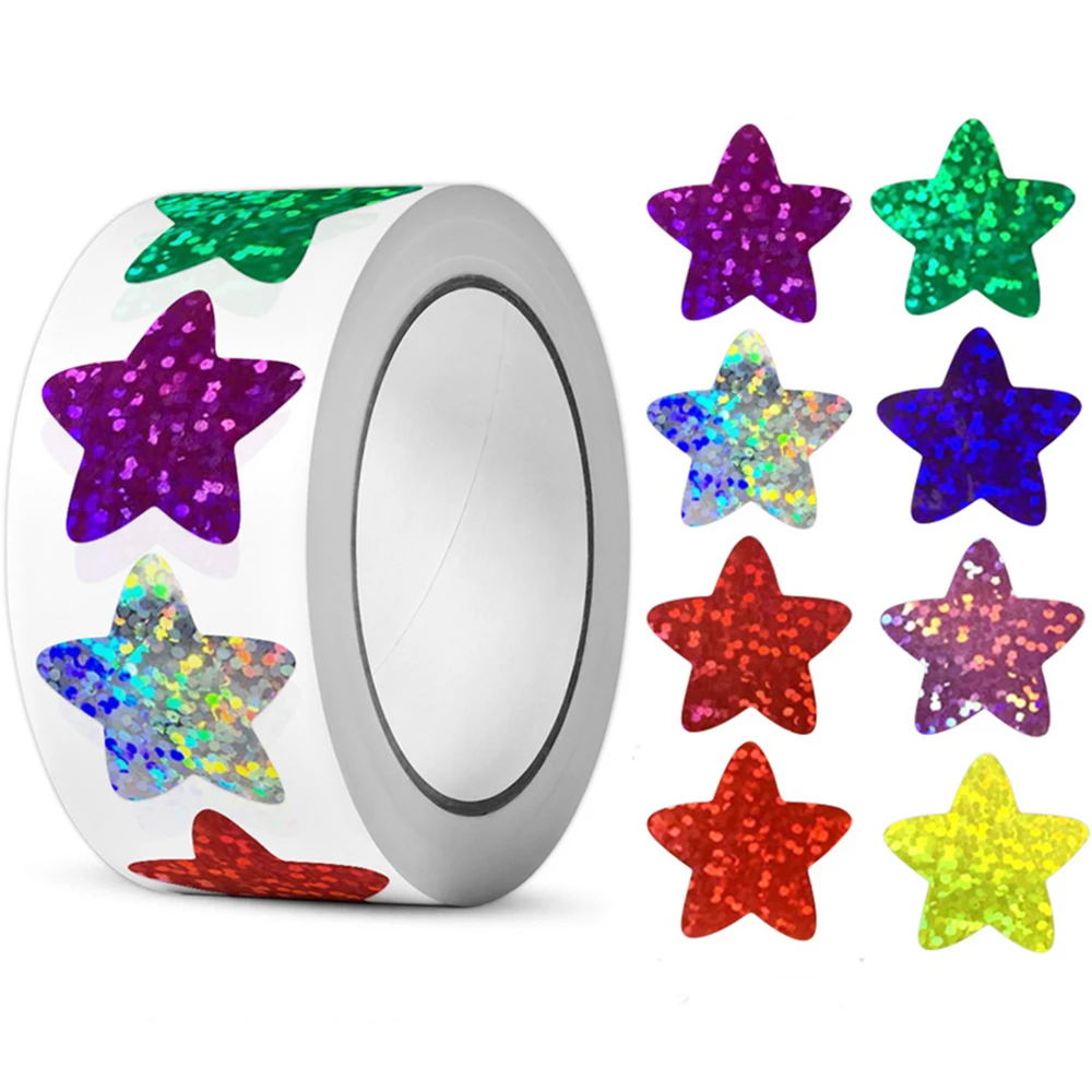 500 uds/rollo de pegatinas de estrellas brillantes para niños, pegatina de recompensa para profesores de escuela, decoración de fiesta, etiqueta para pequeñas empresas, pegatinas para álbum de recortes