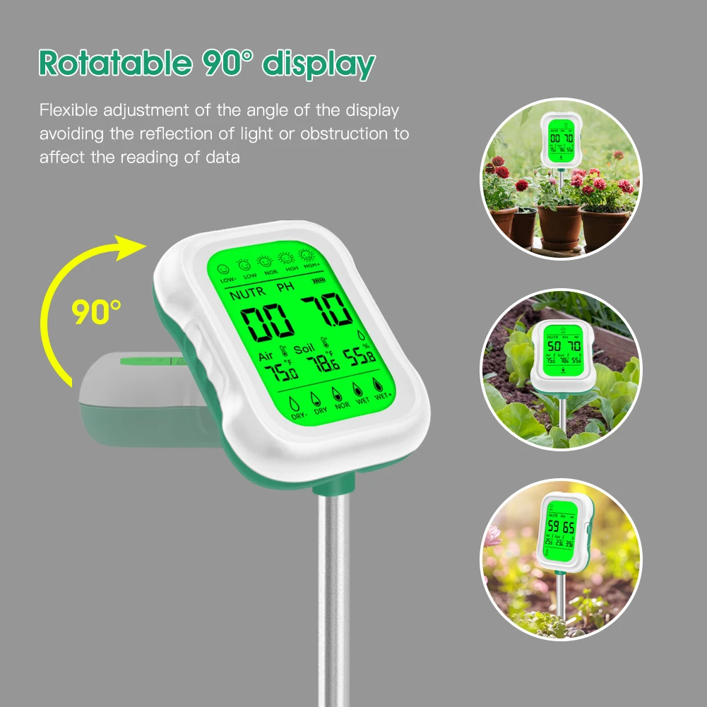 Medidor digital de pH do solo RCYAGO 7 em 1, luz solar, fertilidade, temperatura do ar e testador de umidade com display retroiluminado para plantio de jardim