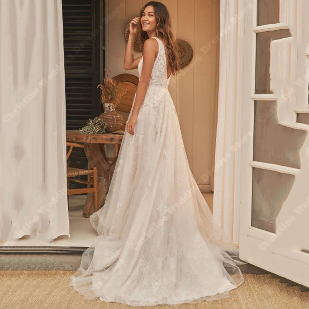 Sexy avorio Deep-V abiti da sposa da donna a-line senza maniche in pizzo Appliques abiti da sposa i più nuovi abiti da festa con palline di fidanzamento formale