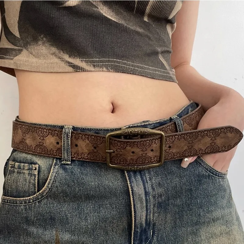 Vintage Printed Belt Ethnic Style Belt Versatile PU Leather Fashion Girdle Women's Y2K Style Pin Buckle Belt Jeans Waistband