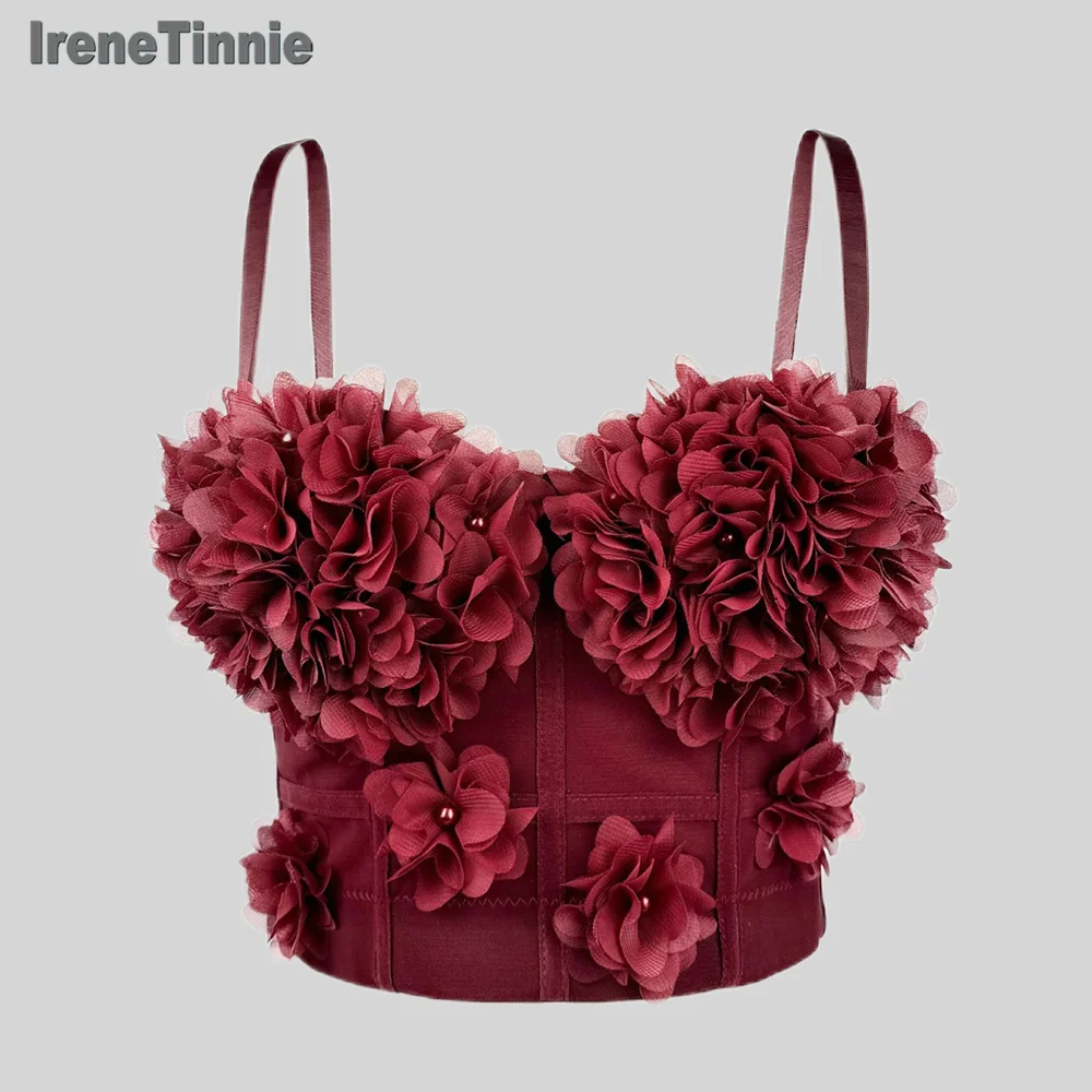 IRENE TINNIE New French Angora Red  Camisole Push Up Bustier Bra Female Y2K  Beaded 3D Flowers Short Tank Top Cropped Tops